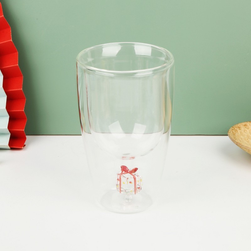 Wholesale 3D Strawberry Double Wall Glass Cup, 3D Rose Double Wall Glass Cup, 3D Christmas tree Double Wall Glass Cup, 3D Flamingo Double Wall Glass Cup，3D Christmas wreath double-layer glass